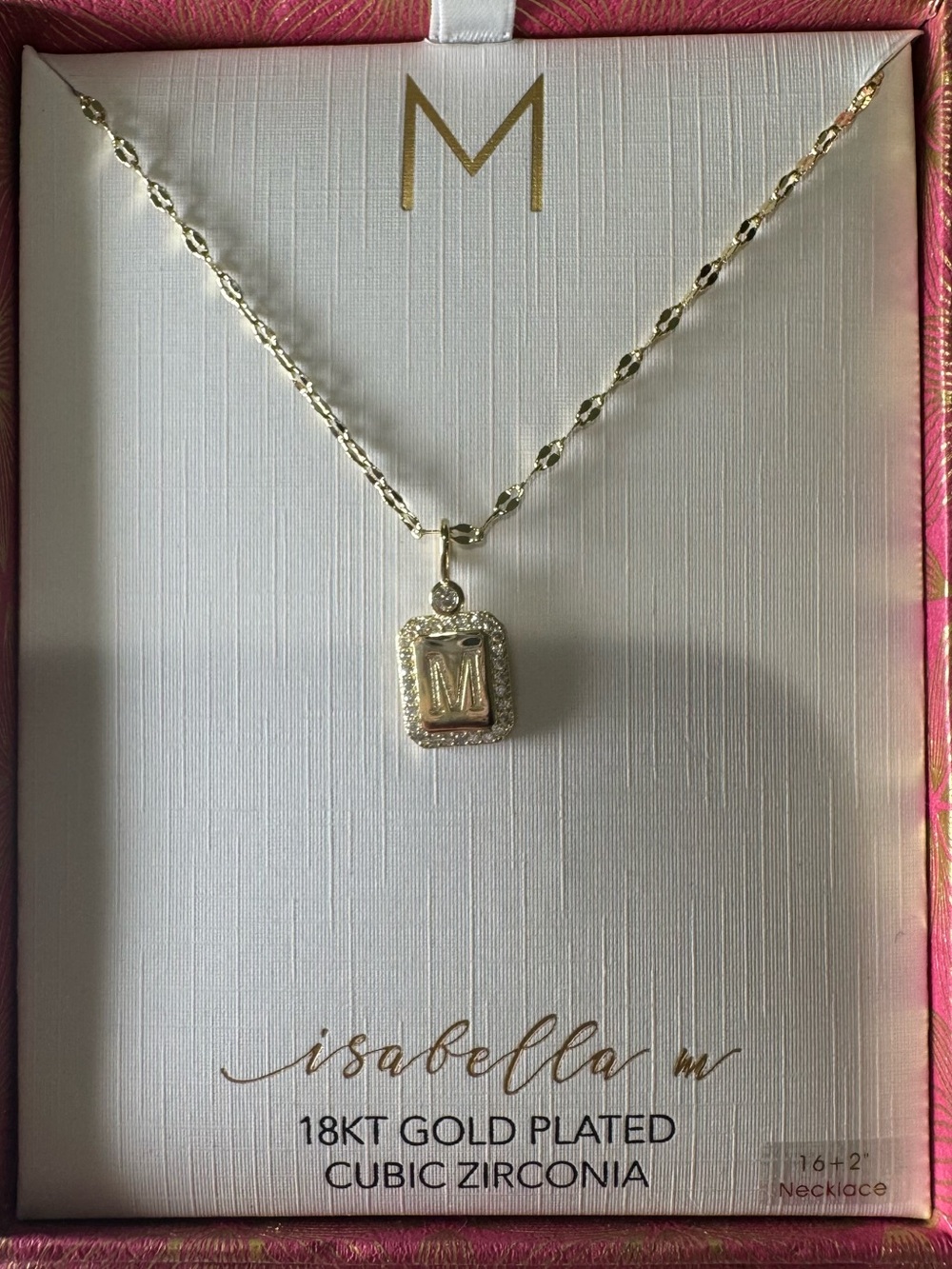 Gold-Plated 'M' Initial Pendant Necklace with Cubic Zirconia